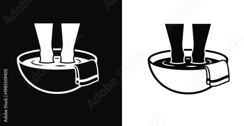 A black and white illustration of feet in a foot bath on contrasting backgrounds