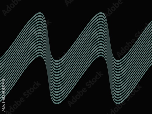 A dynamic, abstract pattern of smooth, pale turquoise lines creates a consecutive wave form against a black background. The design features symmetrical curves, giving a sense of movement and rhythm. E
