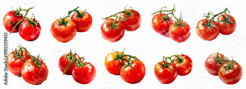 Fresh bright red vine tomatoes with green stems and water droplets, showing raw organic garden produce ready for healthy eating and cooking