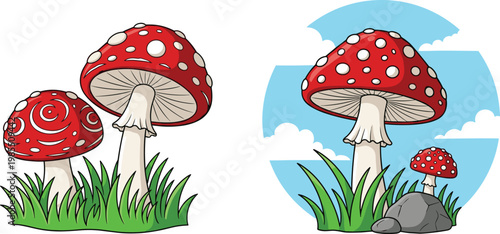 Amanita Mushroom Illustration with Red Toadstools in Nature Scene for Botanical Design, Forest Theme, and Wildlife Artwork Concepts
