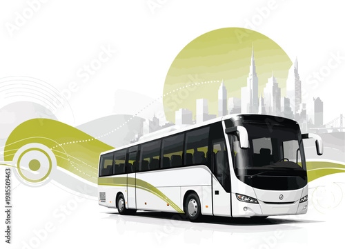 078-39-White bus traveling across a modern city skyline with abstract green elements