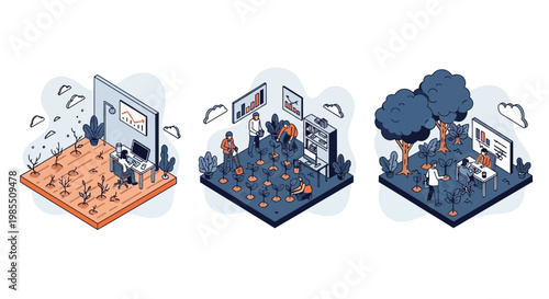 Isometric reforestation tree planting stages for nature conservation corporate sustainability growth data management plan project