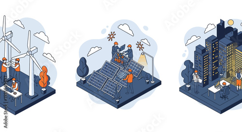 Eco wind sun power city smart grid dev site map art set icon info web