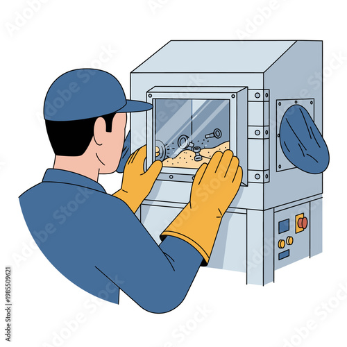 Worker in protective gear operating industrial sandblasting machine for cleaning and finishing