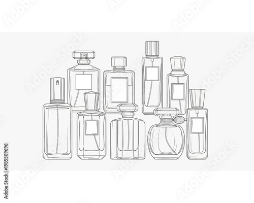 Detailed vector illustration featuring a collection of various elegant perfume bottles designed with precise clean lines for professional graphic projects