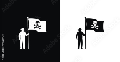A pirate flag with a skull and crossbones is held by two silhouetted figures on a black and white background