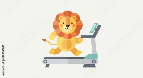 Cartoon lion jogging on a treadmill for exercise and fitness in a flat vector illustration style against a light background
