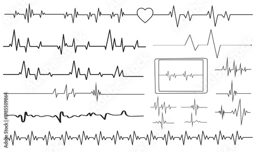 Heart rate monitor line vector isolated on white background. Heart rate pulse rhythm line and Heart Beating line cardiogram medical illustration with editable stroke. Stock-Vector.