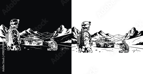 A soldier stands in front of a military vehicle in a mountainous landscape with a contrasting black and white background