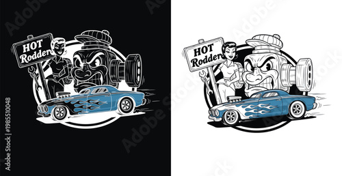 A vintage-style illustration of a hot rodder with a cartoon car and engine on a black and white background