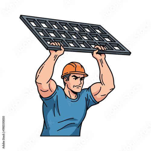 Construction worker lifting heavy metal grate overhead, muscular man in hard hat on white background