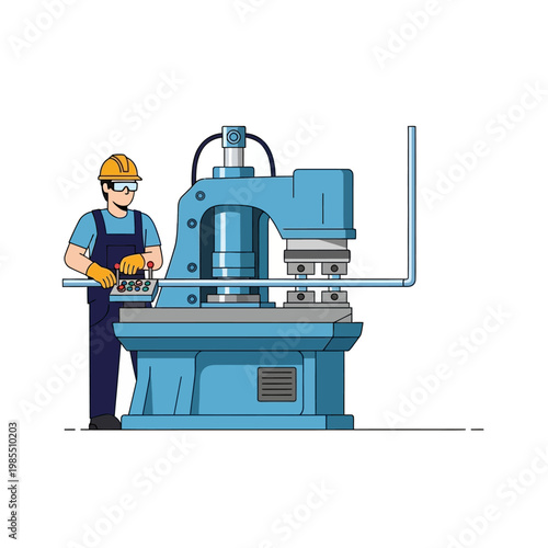 Factory worker operating a metal bending machine with safety gear