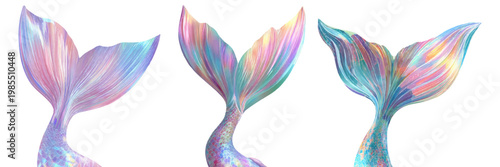 Fantasy illustration showing multiple iridescent mermaid tails with shimmering pastel scales, creating a magical underwater world and mythical creature concept