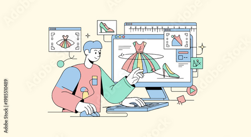 Designer creating fashion design with computer software illustrating dress and shoe digitally in studio for clothing collection