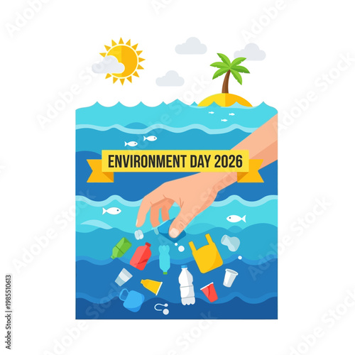 Hand removing plastic trash from ocean, environment day concept, clean water