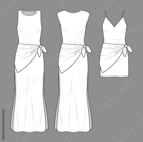 Vector Sleeveless Mini and Maxi Dress CAD with Scarf Overlay, Streetwear Style, Technical Fashion Flat Sketch, Front and Back View