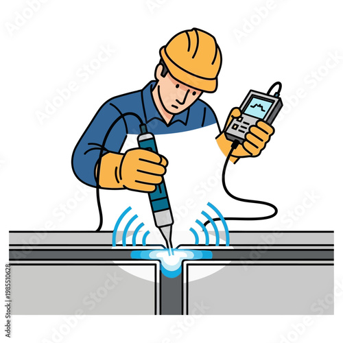 Industrial technician inspecting metal weld with ultrasonic tester, safety gear