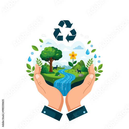 Hands Caring for Nature Ecosystem with Recycling Symbol