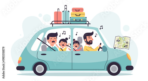 Family driving in teal car with luggage on roof rack and using map cartoon illustration style happy kids singing along on road trip