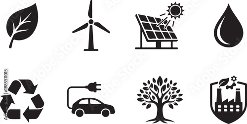 Eco friendly icons, sustainable energy symbols, green technology logos, environmental signs