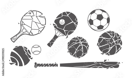 Collection of sports equipment with shattered abstract patterns