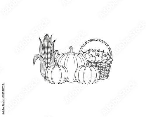 Vector line art illustration depicting a traditional autumn harvest arrangement, featuring an ear of corn, three pumpkins, and a basket of fresh apples.