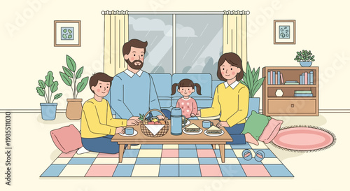 Family having an indoor picnic at home during a rainy day illustration in cartoon style; parents with children enjoying meal