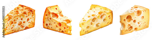 Four wedges of swiss or emmental cheese presenting various shapes and sizes, featuring distinctive holes, created with a watercolor illustration technique on a clean white background