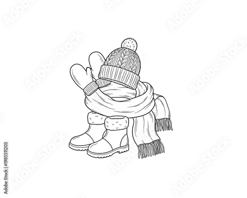 This creative vector illustration features a winter beanie hat with matching mittens and a cozy scarf alongside pair of boots.