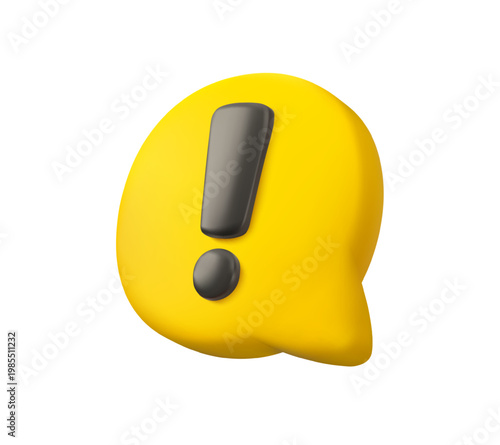 Yellow notification vector 3d icon. Speech bubble with exclamation mark, warning sign. Alert symbol isolated on white background