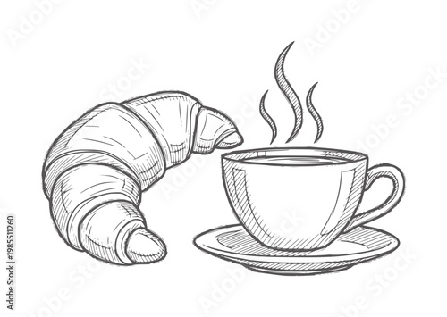 Hand drawn croissant and steaming coffee cup saucer