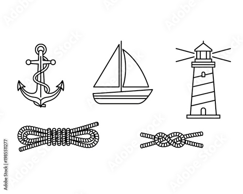 A captivating collection of nautical vector line art illustrations, featuring an anchor, sailboat, lighthouse, and detailed rope elements.