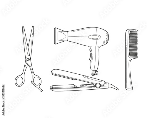 A vector illustration depicting various essential salon and hair care tools, including a hairdryer, straightener, scissors, and comb.