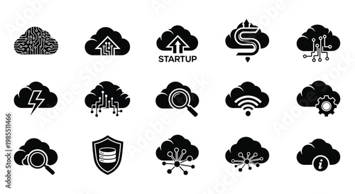 Cloud based technology icons for startups finance security and connectivity in minimalist black and white design featuring symbols for data wifi and e commerce