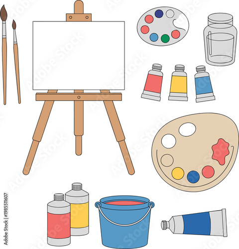 Artist painting tools set with easel, brushes and color palette, creative art studio equipment vector