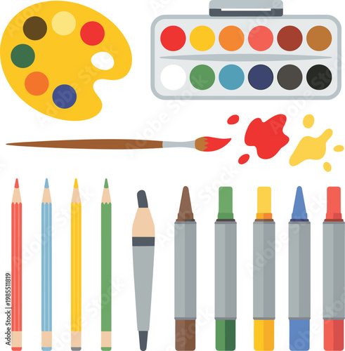 Art supplies set with paint palette, brushes and pencils, creative drawing tools vector illustration collection
