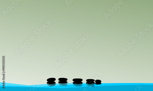 Minimalist zen stacked stones on calm water with soft green background, perfect for meditation, wellness, balance, spa, yoga, and mindfulness themed designs and relaxation concepts