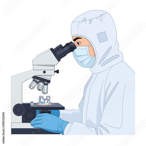 Scientist in protective suit using microscope for research in laboratory