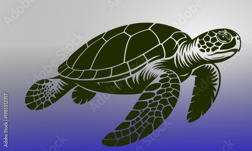 Detailed sea turtle swimming illustration in stencil silhouette style on gradient blue background, perfect for marine life, ocean conservation, wildlife art, and nautical themed designs