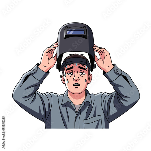 Tired Welder Man Lifting Welding Mask, Sweating and Exhausted After Work
