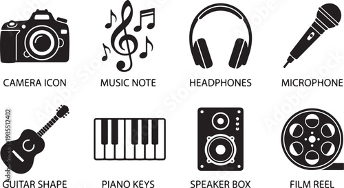 Music and film icons, audio equipment symbols, camera and instrument graphics, vector sound and video elements