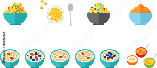 Breakfast Cereal Collection Set with Oatmeal Porridge Bowls and Healthy Food Isolated on White Background Vector Illustration