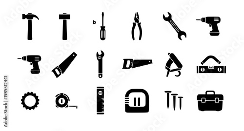 Black silhouette tool set hammers wrenches screwdrivers and more