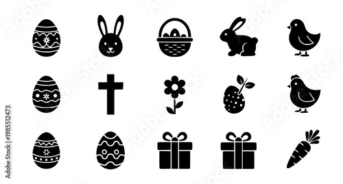 Black easter icons set eggs bunnies chicks and spring symbols