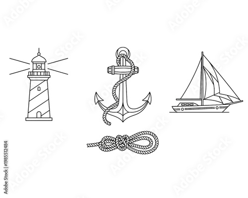 This maritime vector illustration collection features a detailed lighthouse, a sturdy metal anchor, a sailboat, and a complex nautical rope