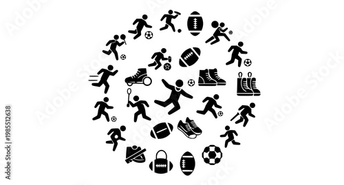 A circular arrangement of black sports icons football soccer running and more