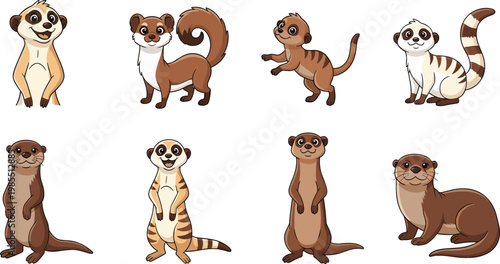 Photography Cute Meerkat and Otter Collection Set with Cartoon Wild Mammal Animals Isolated