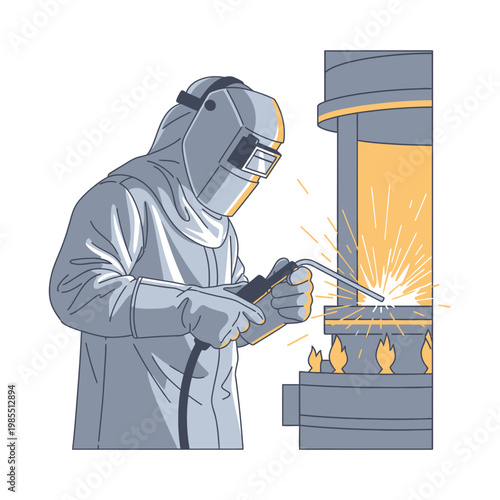 Welder in protective suit sparks bright light while working on metal structure