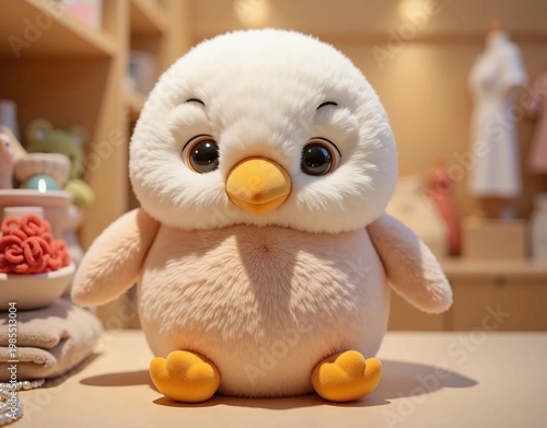 Cute Fluffy White Bird Character with Yellow Beak, Adorable Round Chick Plush Toy 3D Rendering