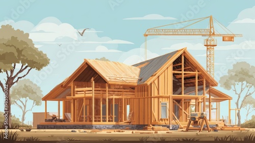 Wallpaper Mural Wooden house construction on site, home building process scene Torontodigital.ca